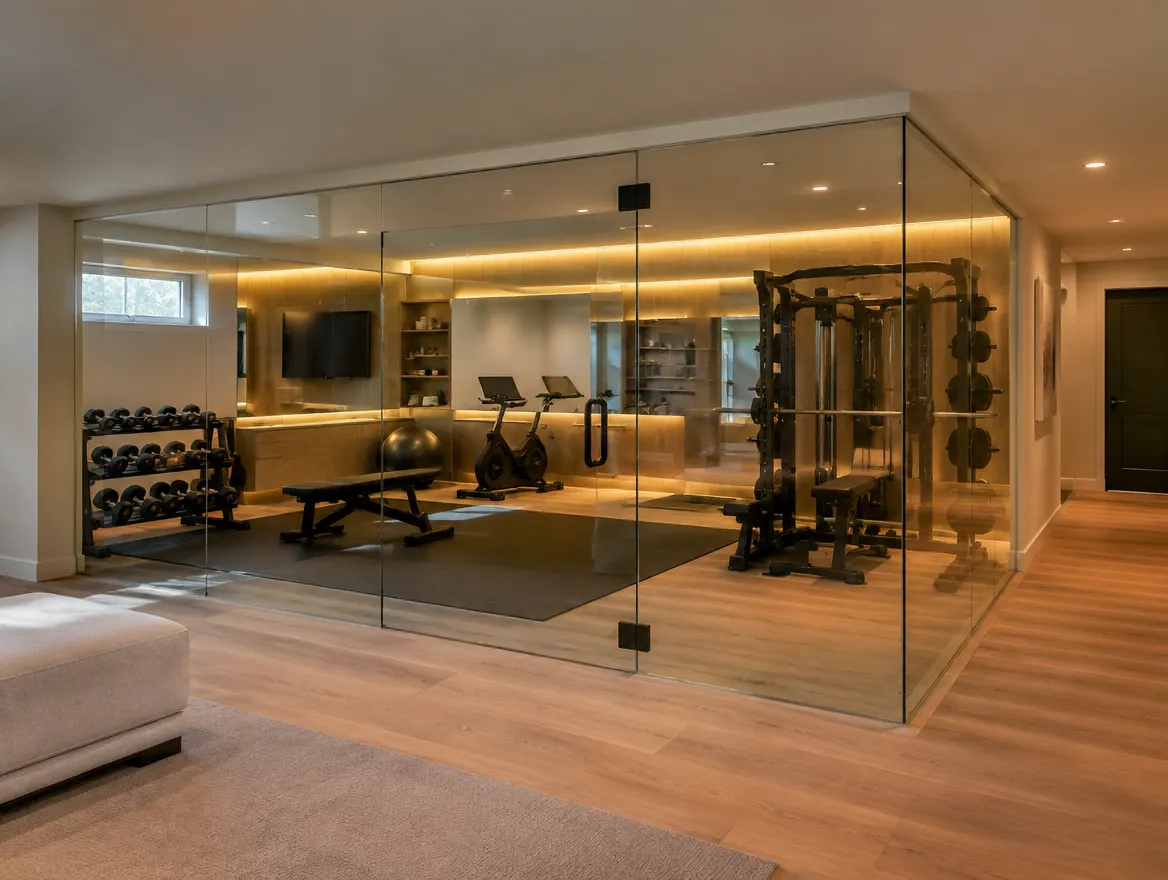 Glass-walled home gym in a finished basement