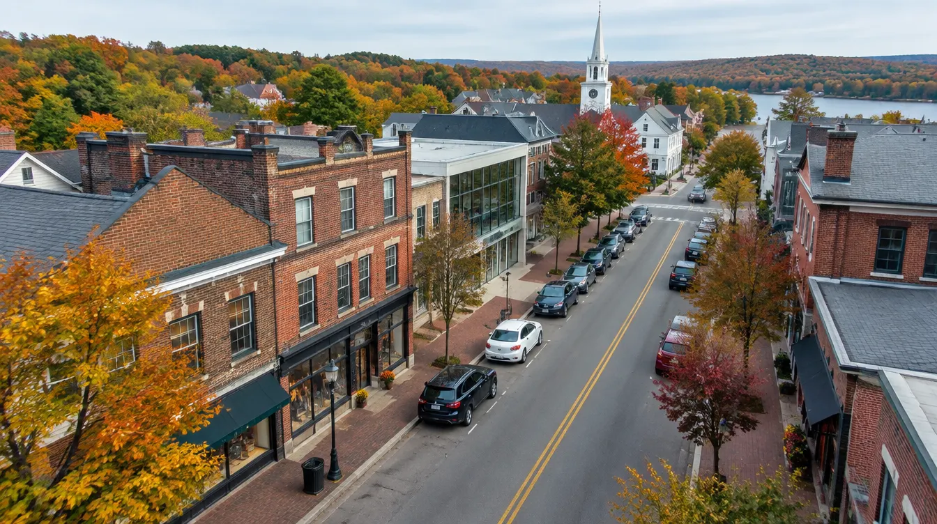 New England downtown with modern glass storefronts
