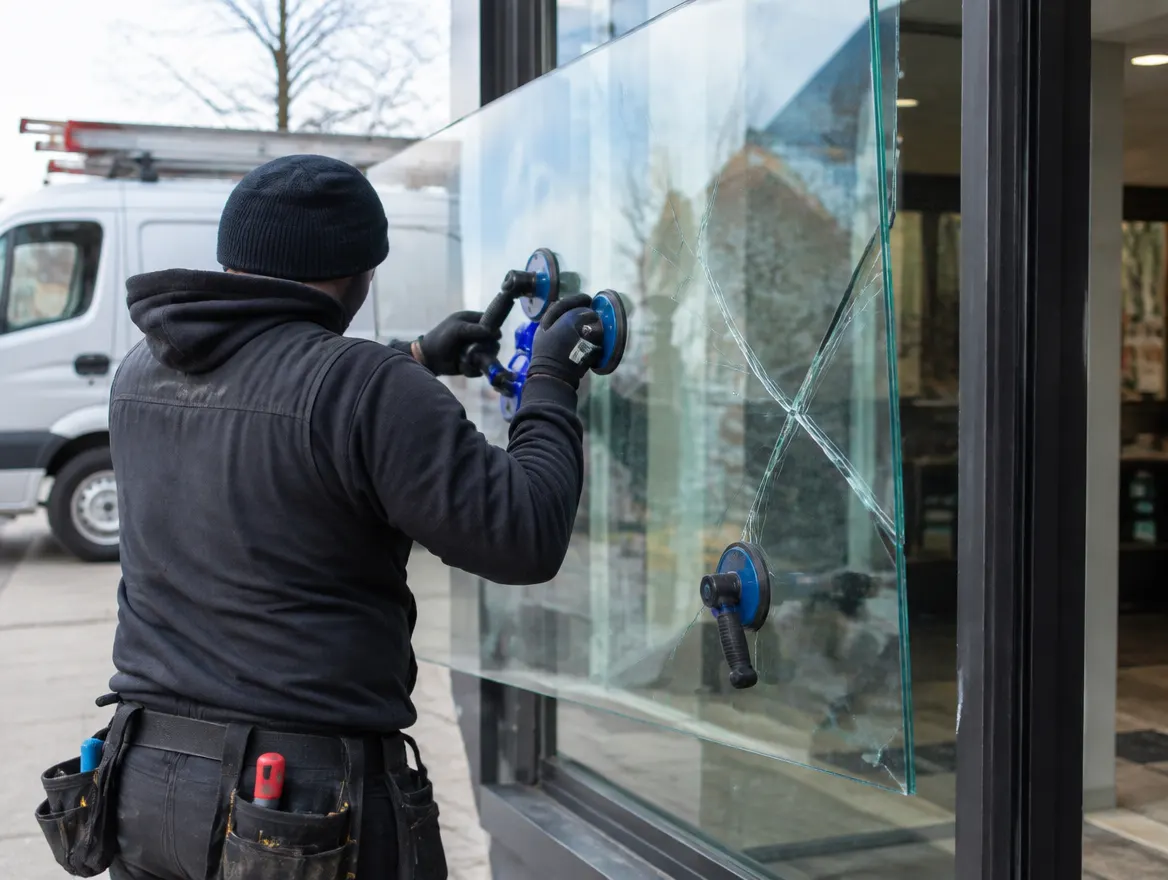 Glazier replacing a cracked storefront window