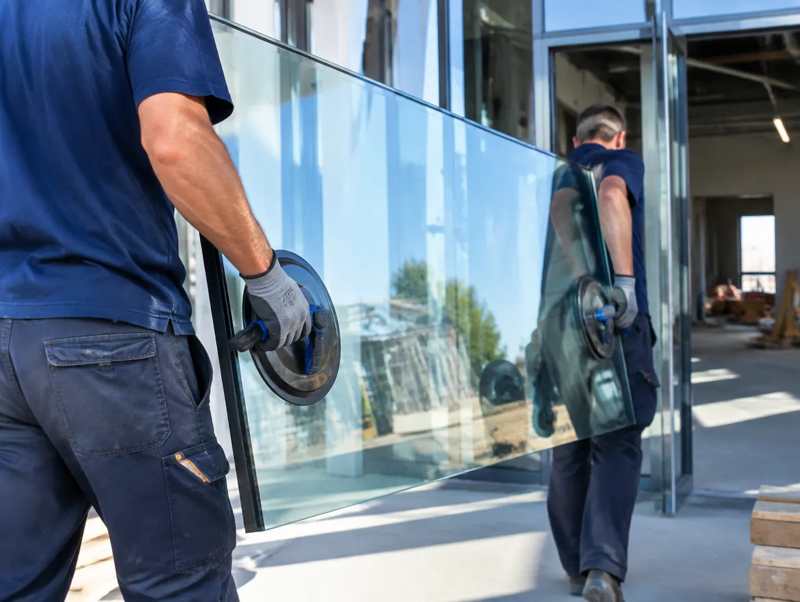 Installers carrying a heavy glass panel into a commercial building