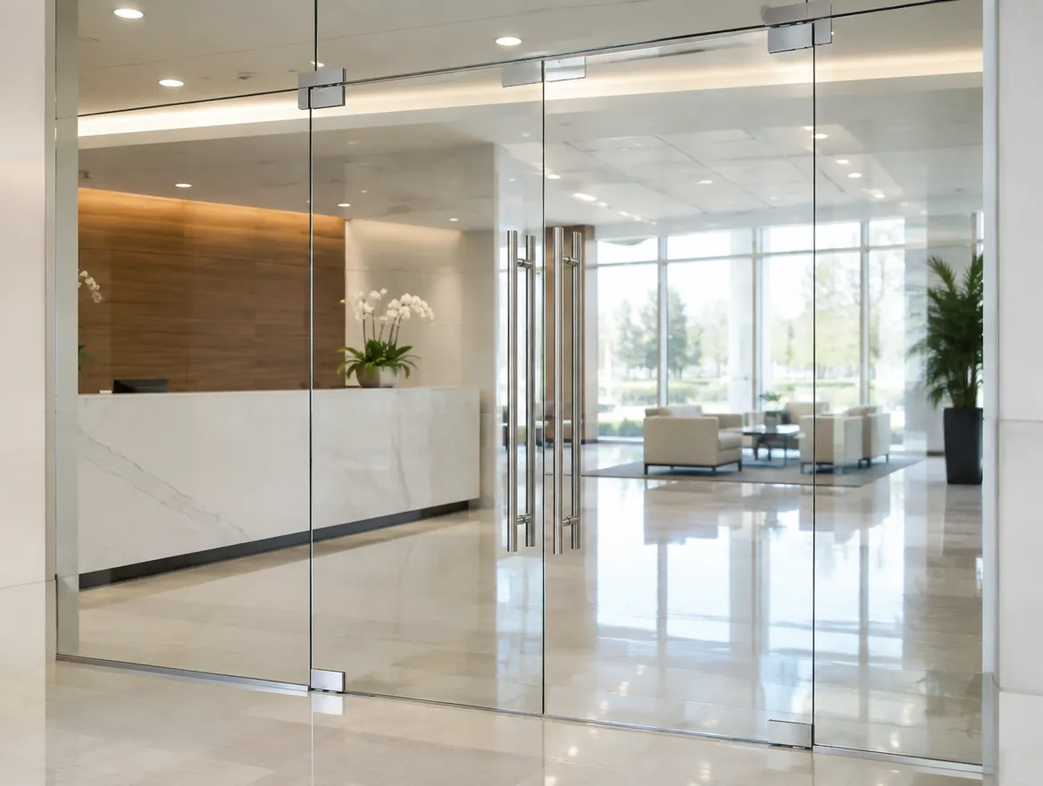 All-glass Herculite entrance door in an office lobby