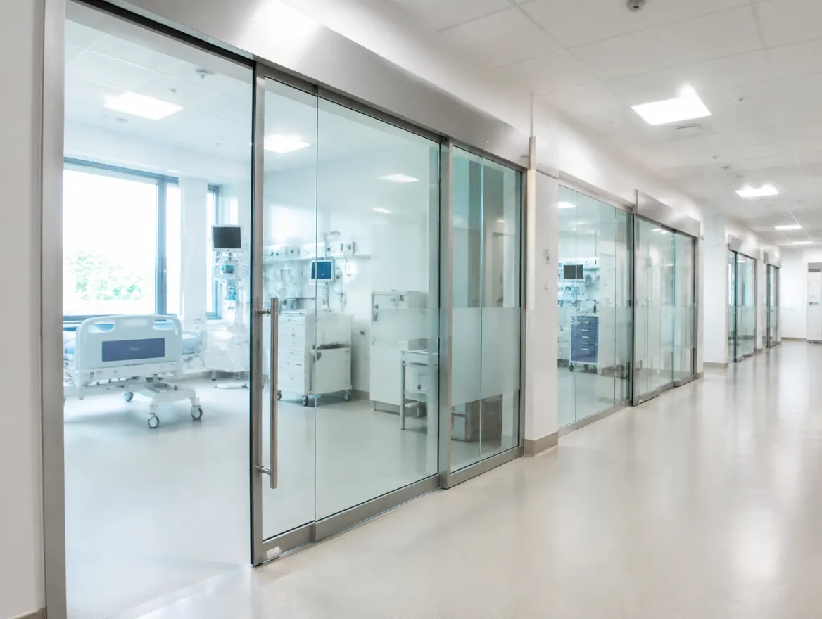 Hospital corridor with glass partition walls