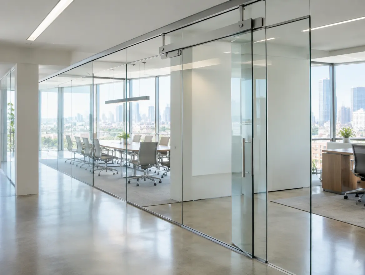 Frameless glass sliding office partitions