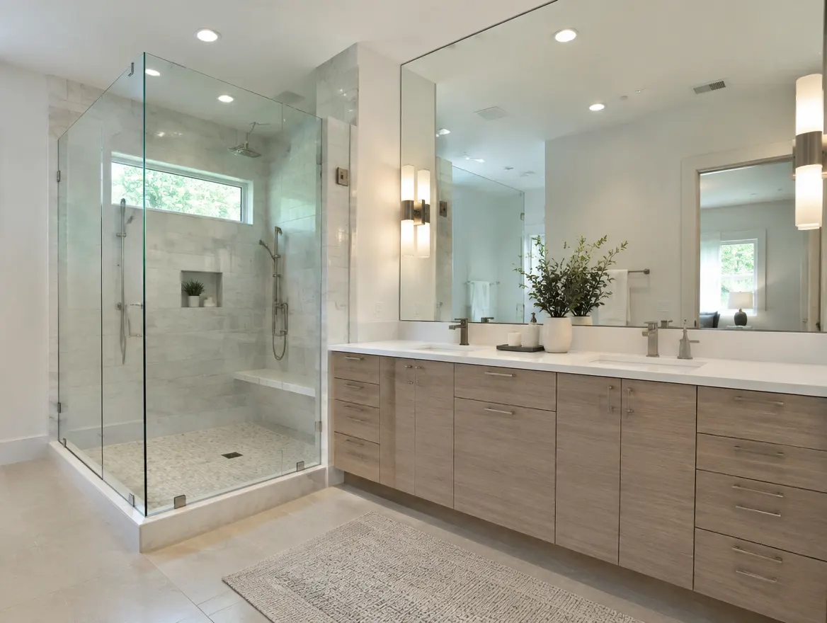Frameless shower enclosure and custom mirror