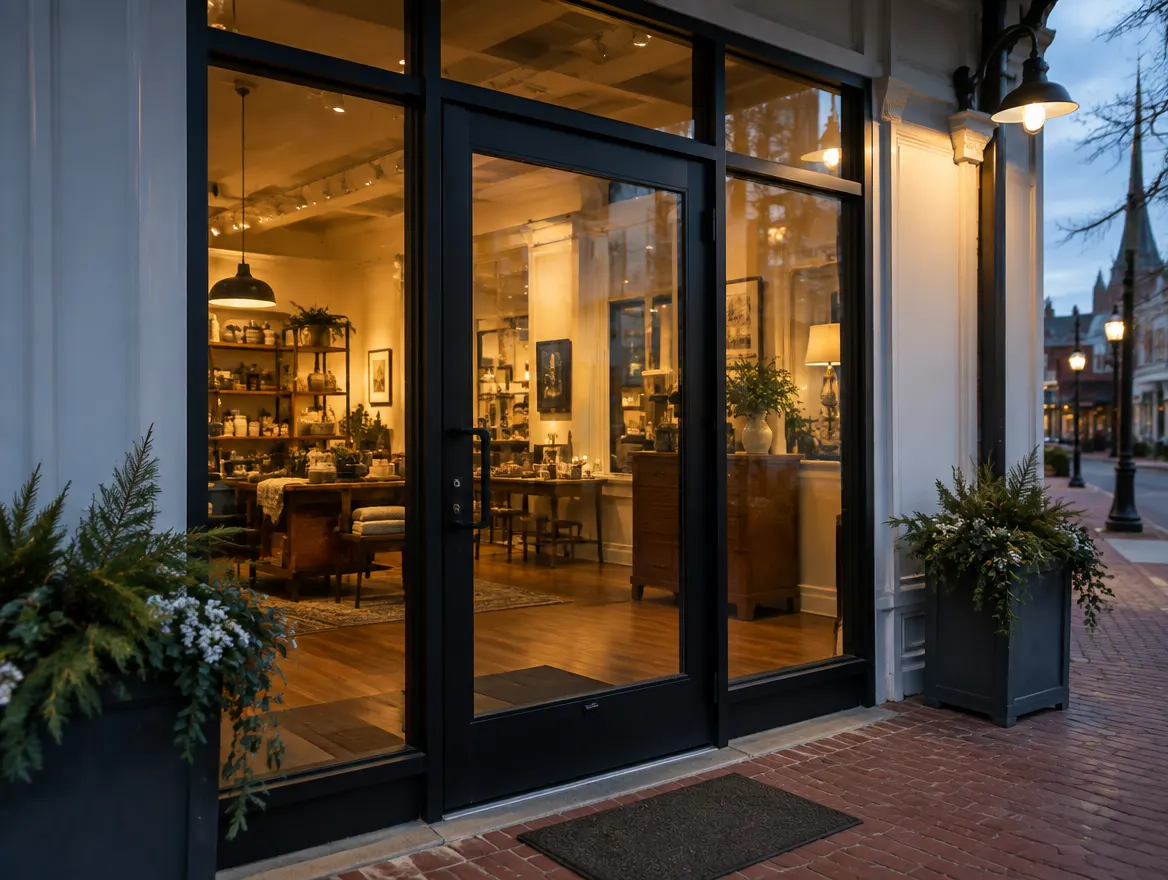 Glass storefront door with sidelights at a downtown boutique