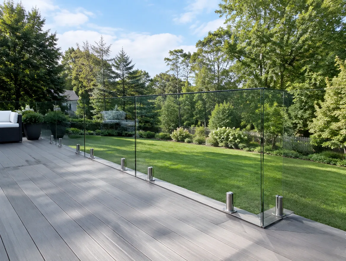 Frameless tempered glass railing on a residential deck