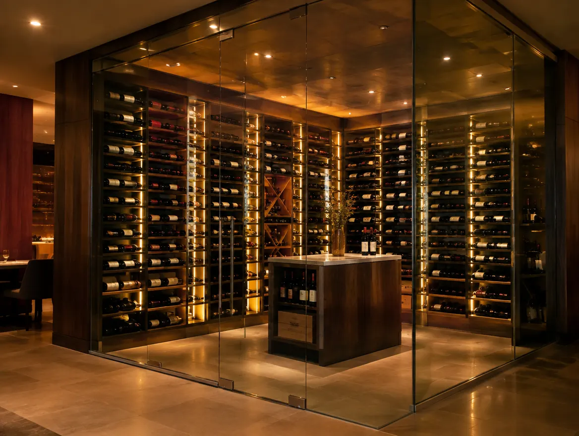 Glass-enclosed restaurant wine room